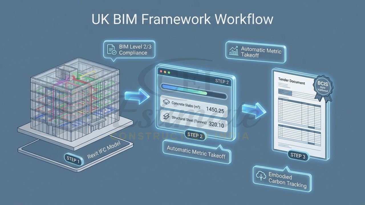 UK BIM framework workflow showing Revit model to automatic quantity takeoff and tender document generation