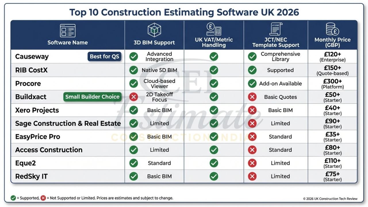 Top construction estimating software UK 2026 comparison including Causeway CostX Procore with pricing and BIM support