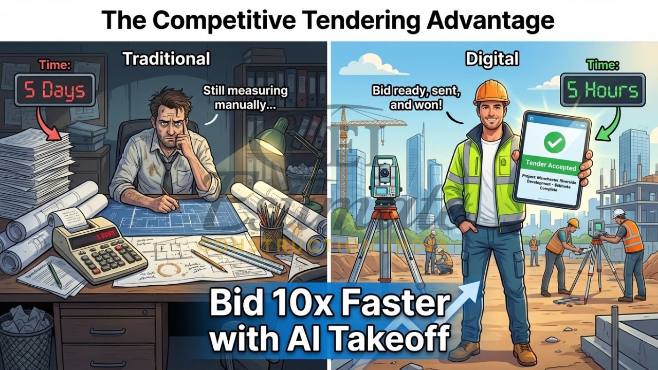 Traditional vs digital construction estimating showing manual takeoff vs AI-powered software for faster tendering