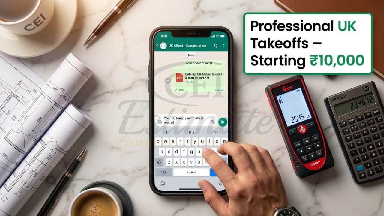 Professional construction takeoff services UK via WhatsApp with BOQ delivery and pricing starting from 10000 INR