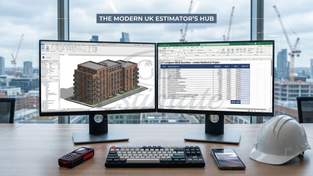 Construction estimating software UK with BIM model and BOQ spreadsheet on dual monitors for accurate digital takeoffs