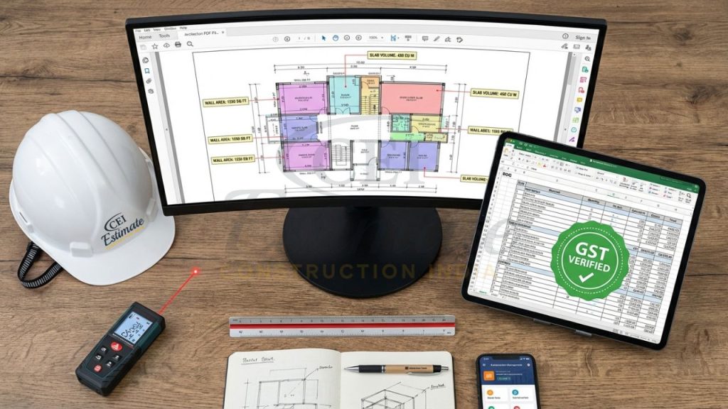 Indian contractor performing digital quantity takeoff on a large monitor for a construction project