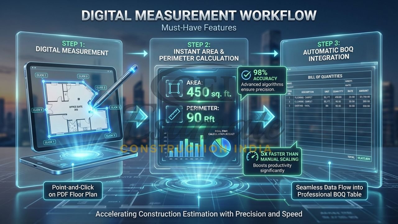 Close-up of digital quantity takeoff from a PDF drawing using point-and-click measurement tools