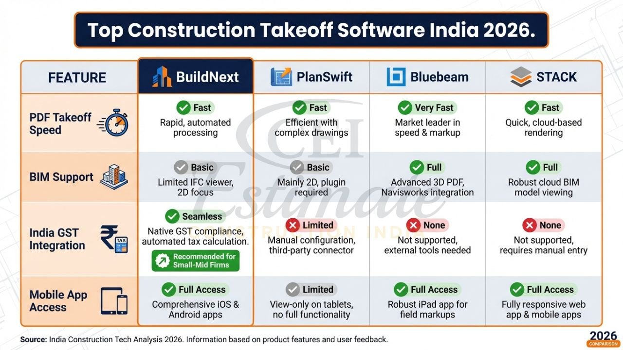 Comparison chart of top 10 construction takeoff software in India for 2026 including PlanSwift and Bluebeam