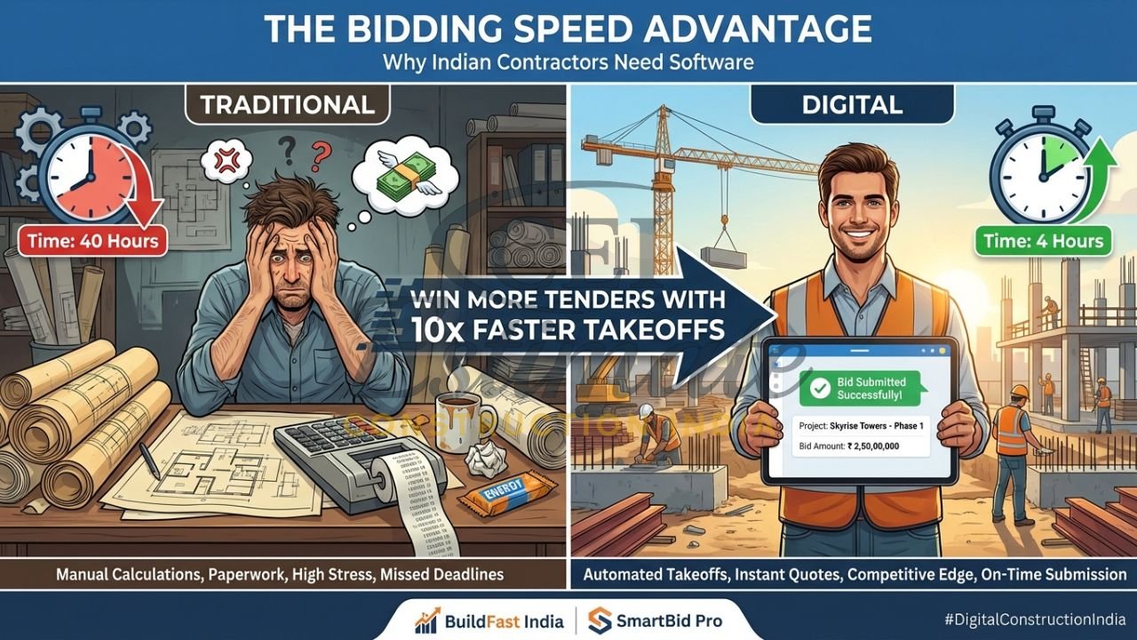 Comparison showing the time-saving benefits of construction takeoff software over manual paper-based methods
