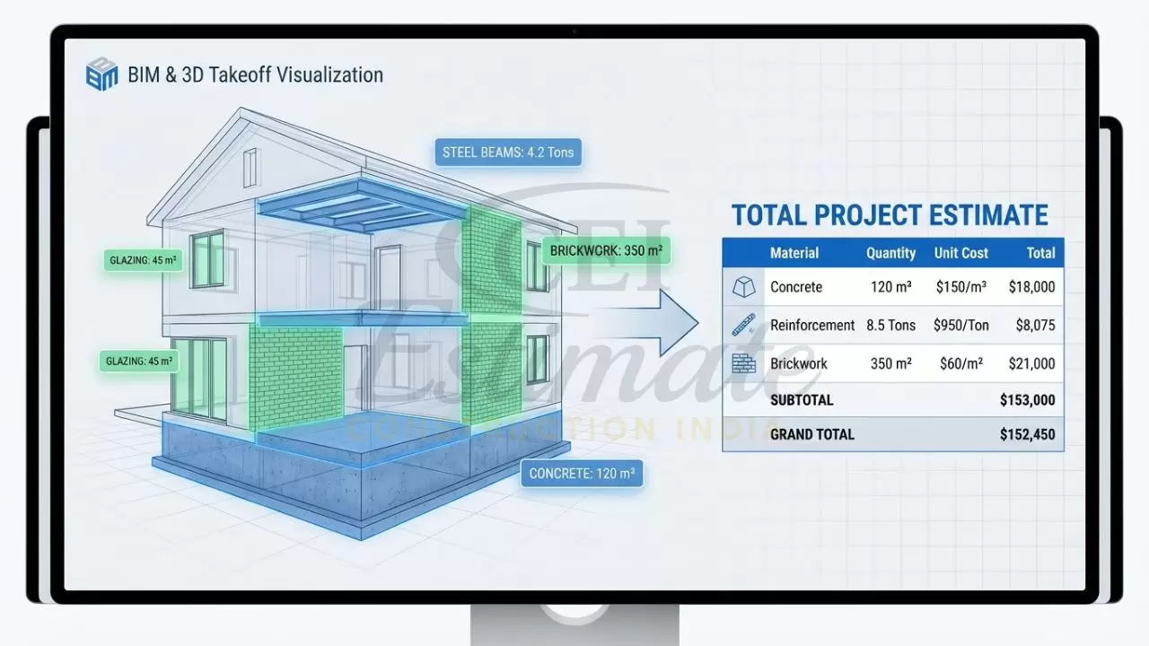 3D BIM-based quantity takeoff showing automated cost estimation for large-scale structural engineering projects.