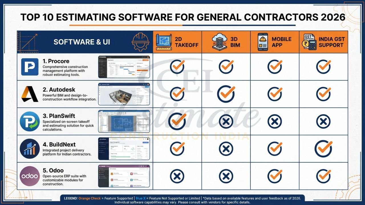 Comparison chart of top 10 construction estimating software in India 2026 featuring Procore, Autodesk, and BuildNext.