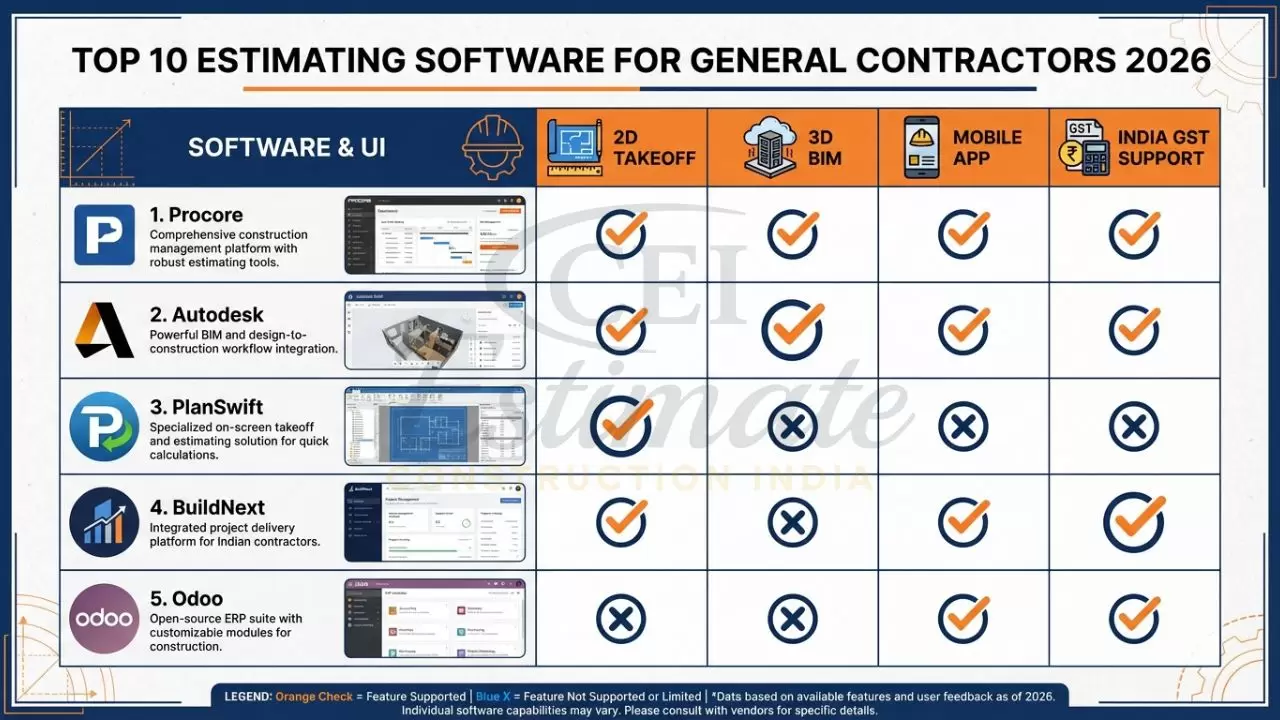 Comparison chart of top 10 construction estimating software in India 2026 featuring Procore, Autodesk, and BuildNext.