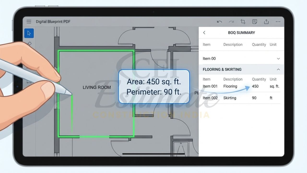 Close-up of digital quantity takeoff from a PDF drawing using point-and-click measurement tools on a tablet.
