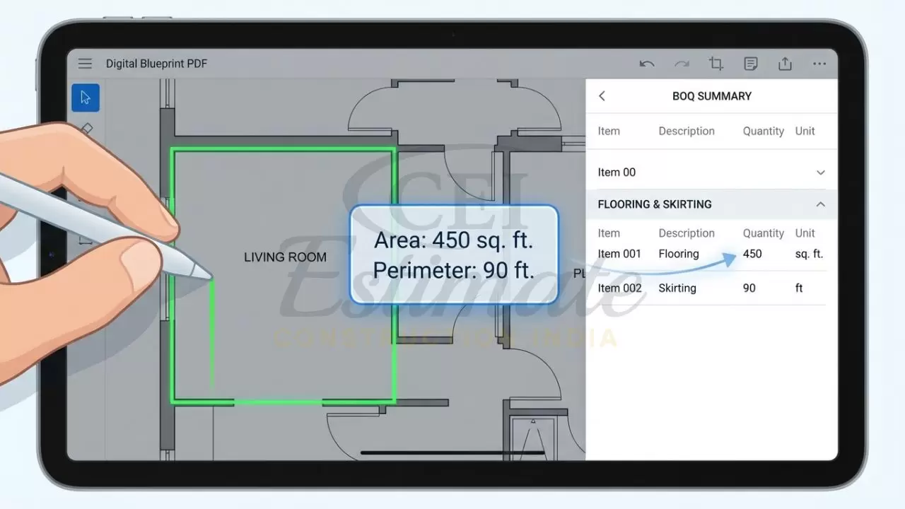 Close-up of digital quantity takeoff from a PDF drawing using point-and-click measurement tools on a tablet.