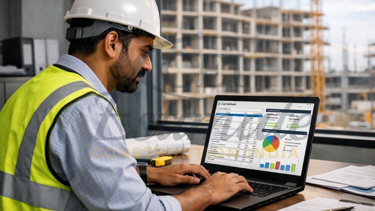 Indian contractor using open source construction estimating software on laptop