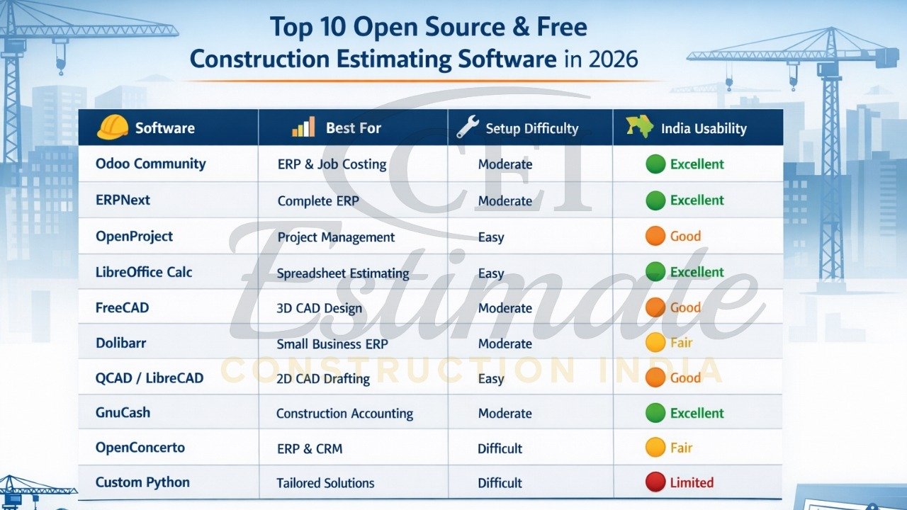 Best open source estimating software India 2026 comparison chart
