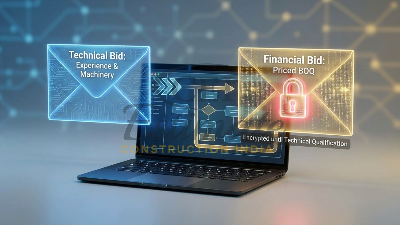3D infographic of the two-envelope bidding system for technical and financial bid separation.