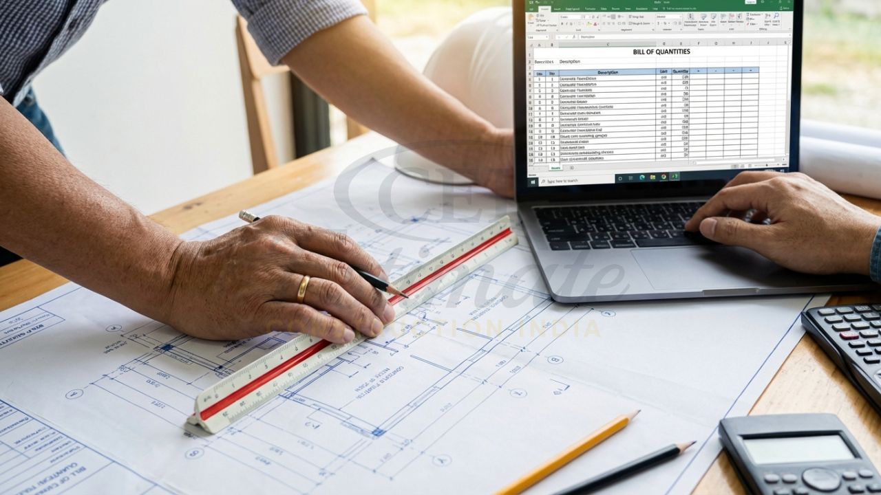 Site engineer performing quantity takeoff from drawings to fill a construction BOQ.