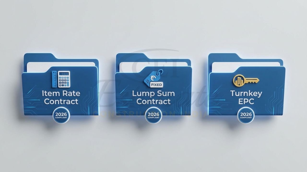 Comparison of Item Rate, Lump Sum, and Turnkey construction contract types in India.