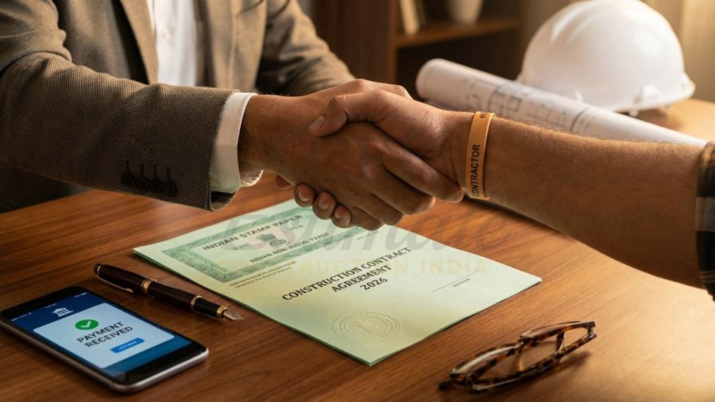 Signing a formal construction contract agreement in India on non-judicial stamp paper.