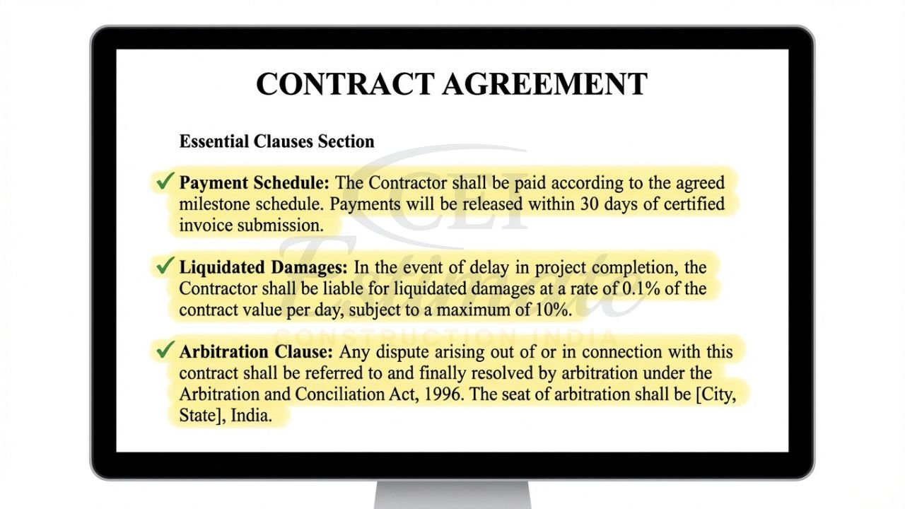 Key legal clauses in a construction agreement including arbitration and payment milestones.