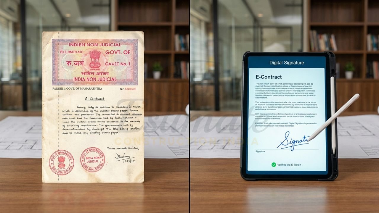 Traditional Indian stamp paper vs modern digital contract signing with e-signature.
