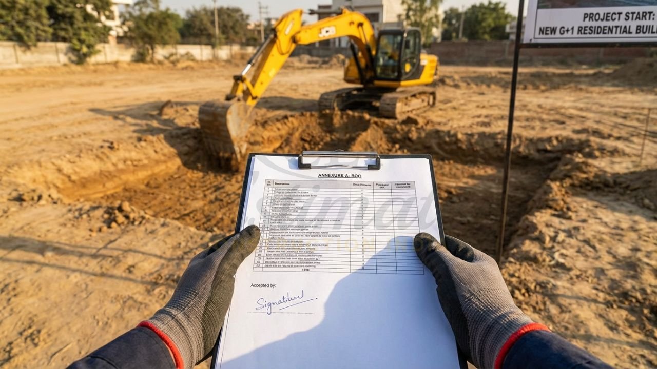 Site engineer referring to the signed contract and BOQ at the start of a residential project.
