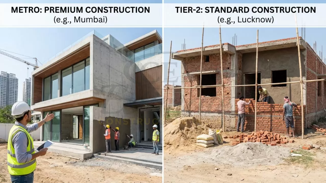 Comparison of premium construction in Mumbai and standard residential building in Tier-2 Indian cities.