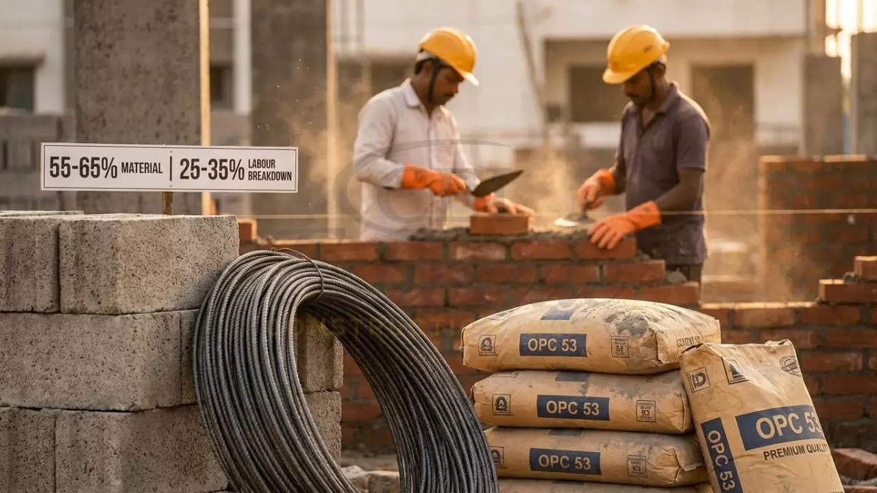 Close-up of TMT steel bars, cement bags, and bricks on an Indian construction site for cost estimation.