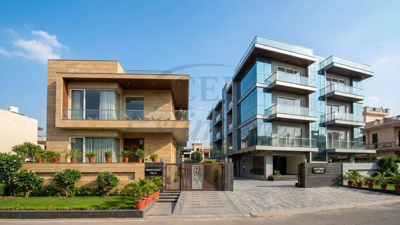 Modern Indian apartment building and a luxury villa showing different residential construction categories.