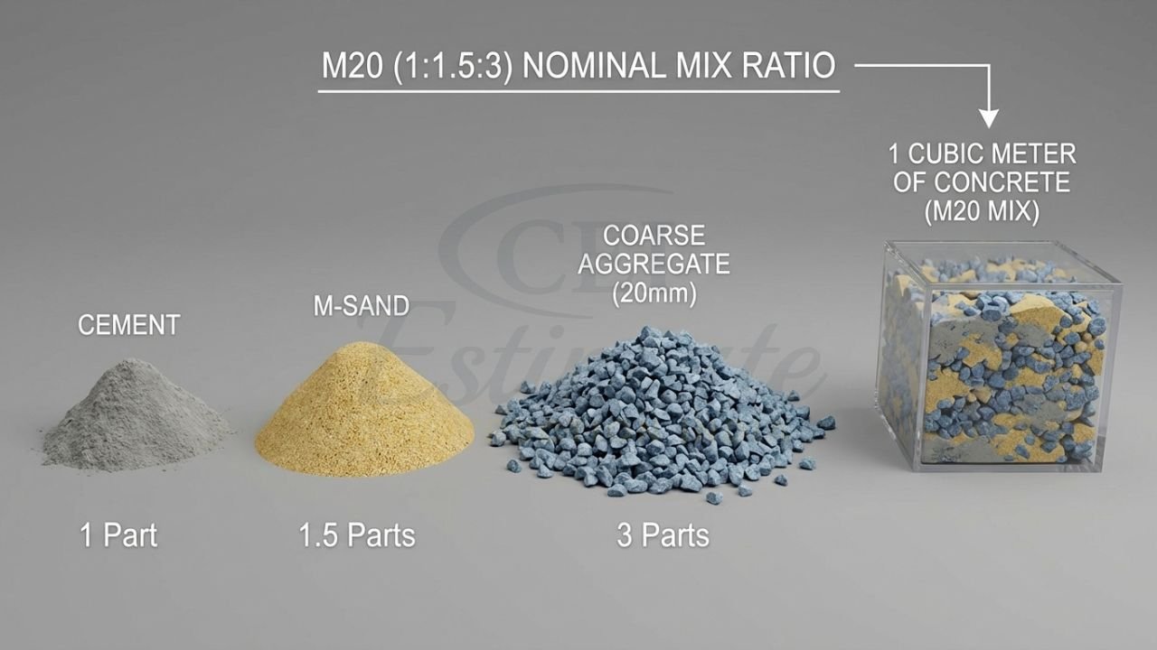 M20 concrete mix ratio 1:1.5:3 visual for cement, sand, and aggregate estimation.