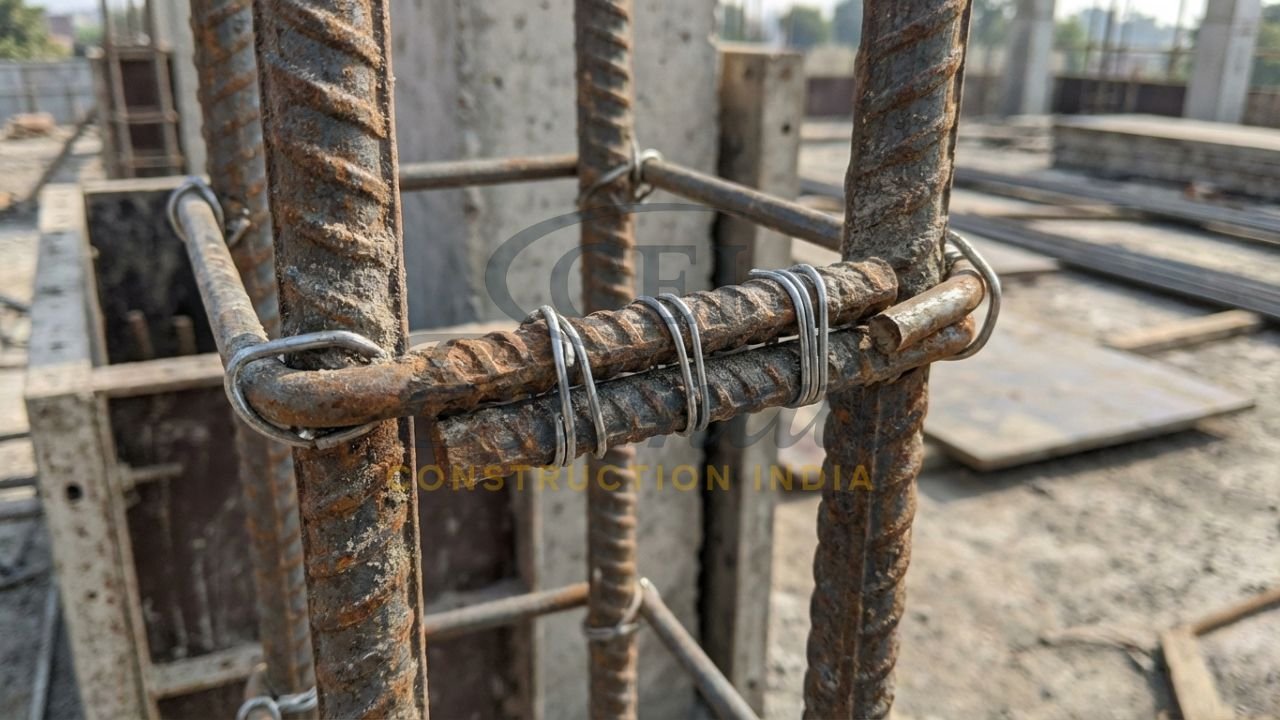 TMT steel reinforcement detailing showing laps and hooks for weight estimation.