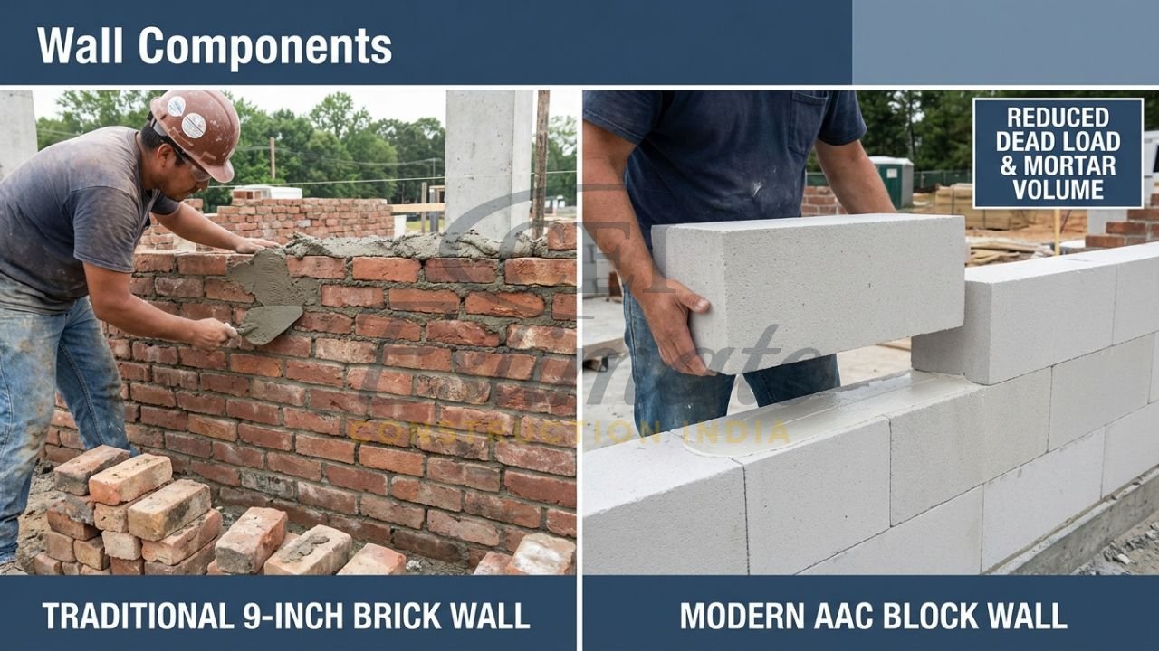 Comparison of traditional red bricks and modern AAC blocks for wall material estimation.
