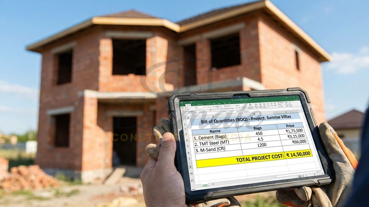 Digital Bill of Quantities (BOQ) showing material quantities and costs for a residential project.