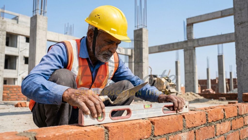 Skilled Indian mason (Raj Mistri) working on a residential construction site in 2026.