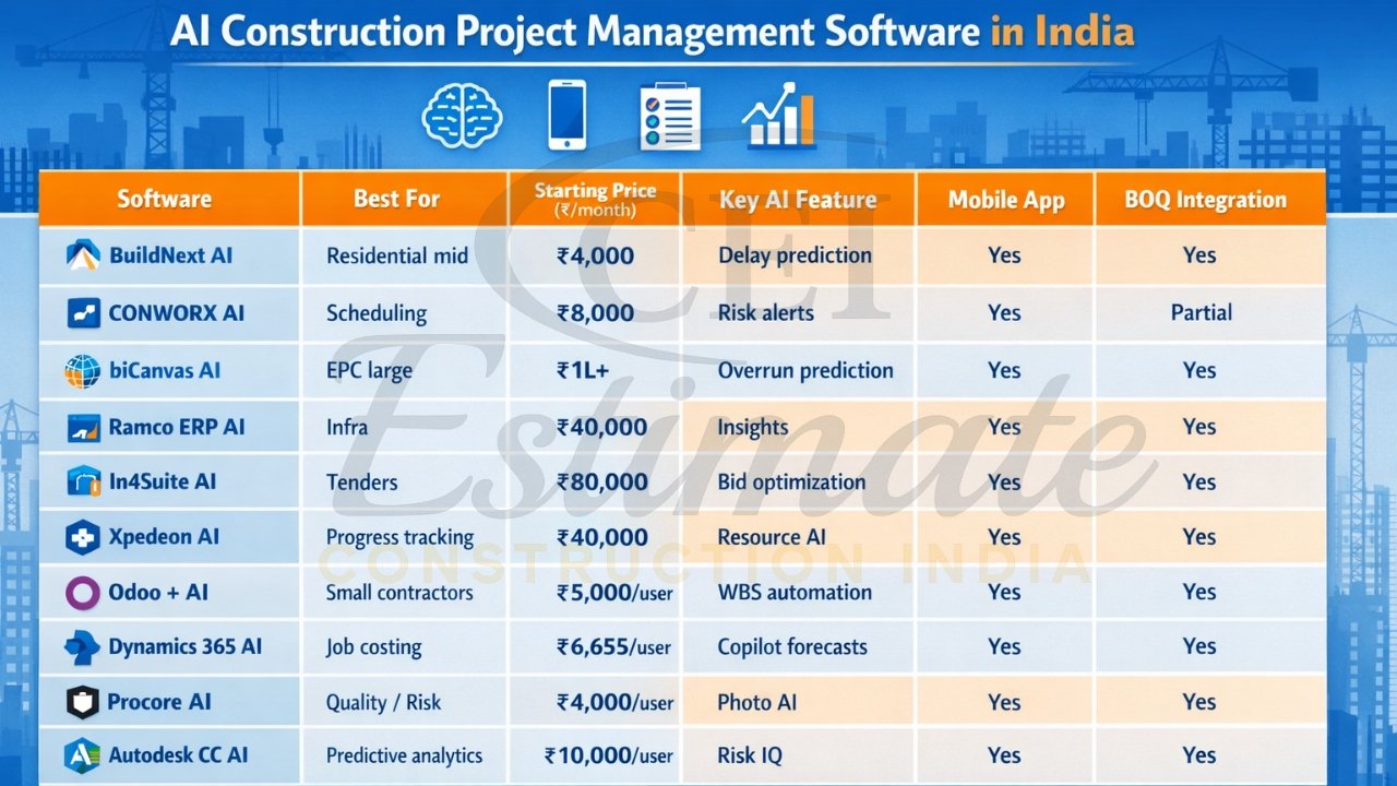 Top AI construction software comparison table India 2026