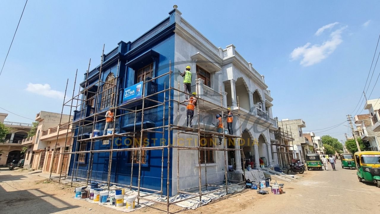 Exterior weatherproof painting for an Indian duplex house with professional scaffolding.