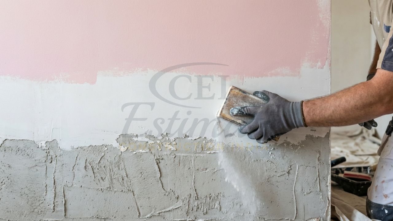 Wall preparation showing layers of putty, primer, and plaster for a smooth paint finish.