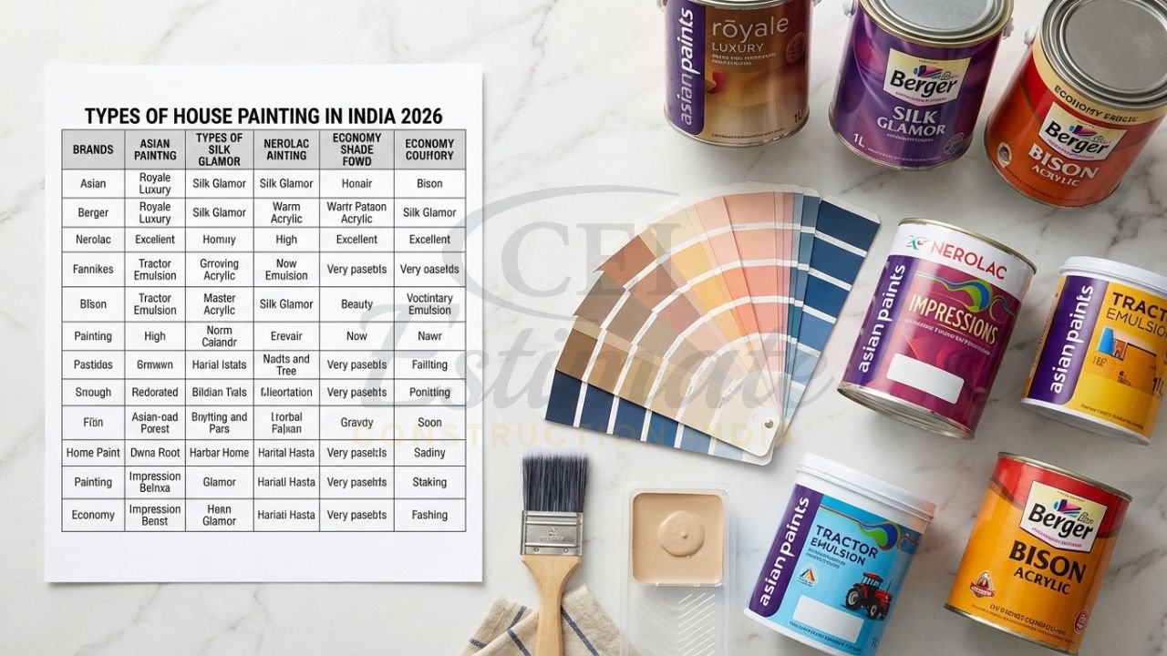 Selection of Indian paint brands and color shade cards for house renovation.