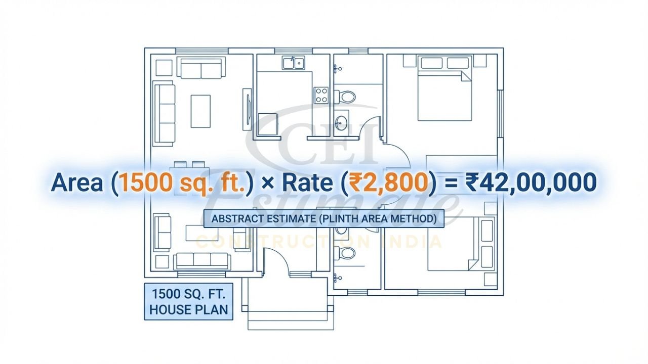 Abstract estimate calculation using the plinth area method for a residential house.