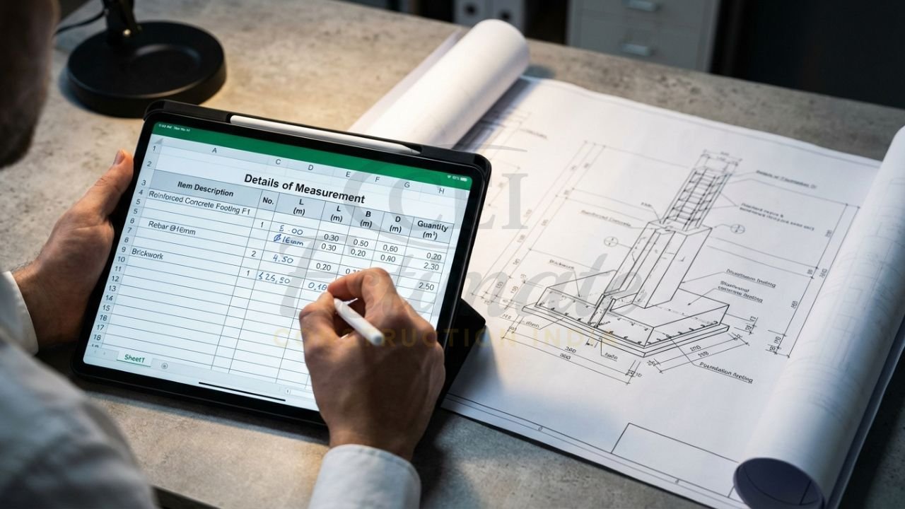 Quantity takeoff and measurement sheet for a detailed construction estimate in India.