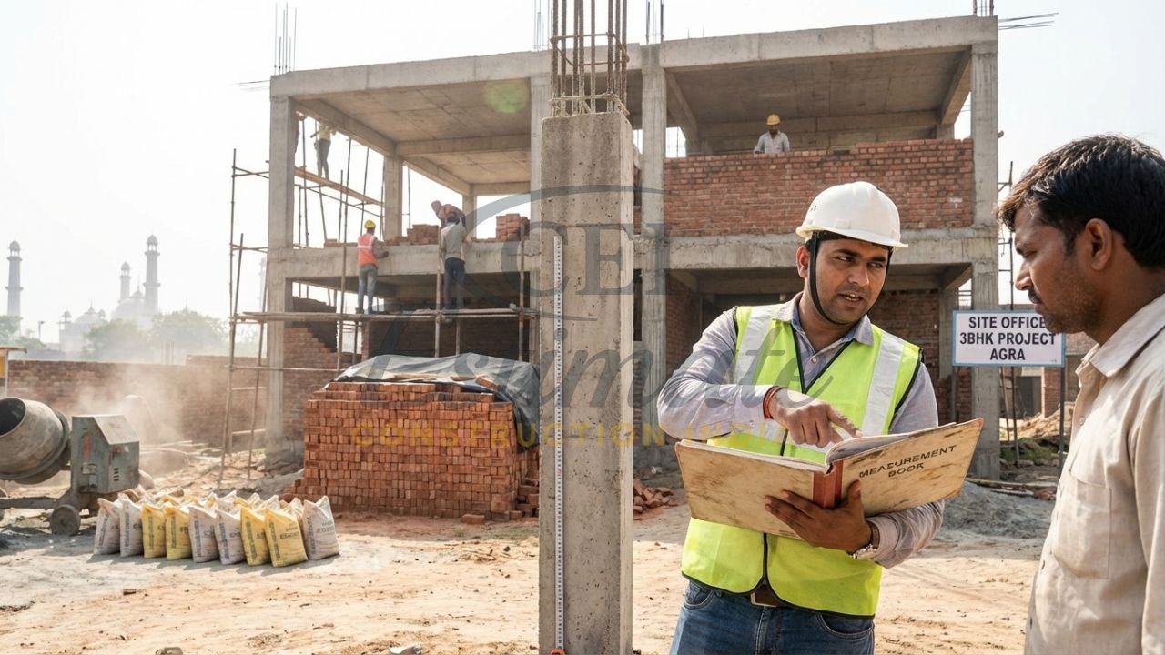 Site engineer verifying a detailed estimate on an active 3BHK construction site in Agra.