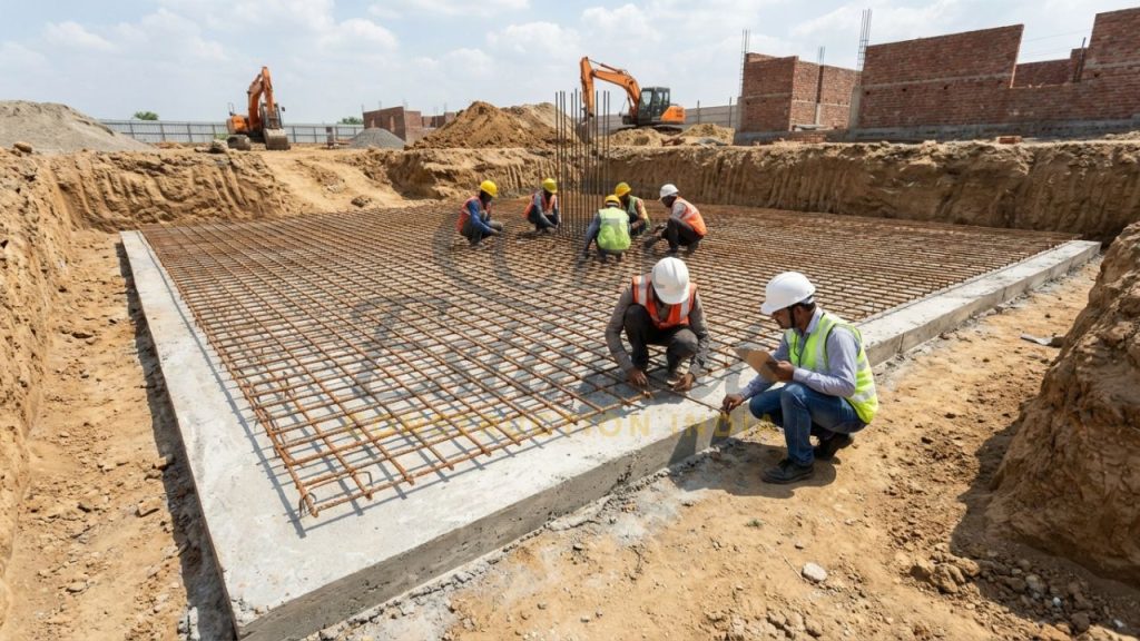 Side-by-side view of PCC levelling course and RCC reinforcement mat in an Indian building foundation.