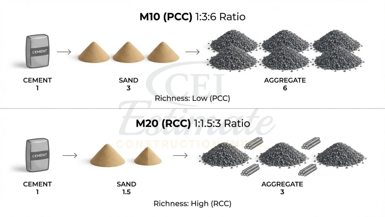 Visual mix ratio comparison for M10 (PCC) and M20 (RCC) concrete grades.