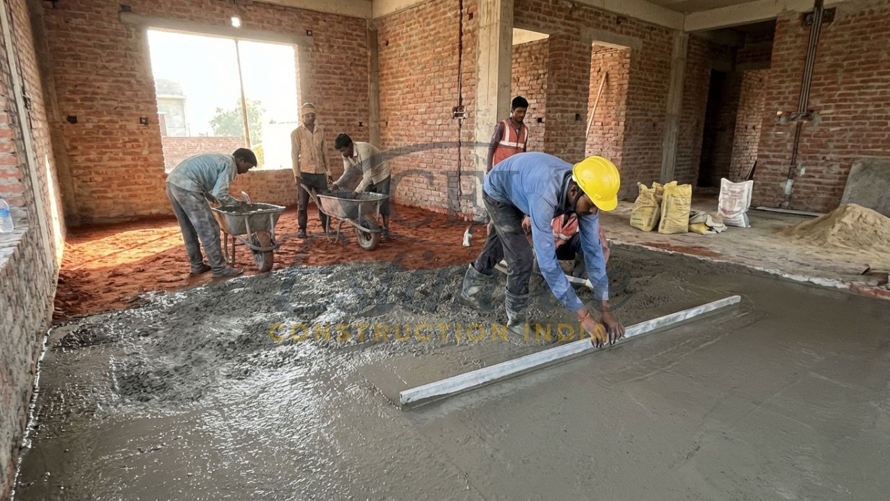 Workers laying PCC as a base for tile flooring in a residential construction project.