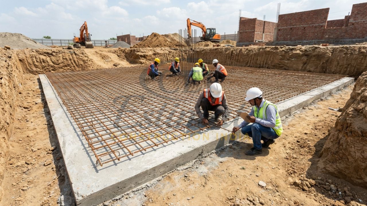 Side-by-side view of PCC levelling course and RCC reinforcement mat in an Indian building foundation.