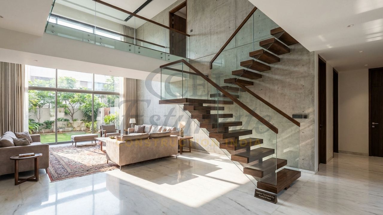 Internal designer staircase in an Indian duplex house showing vertical space optimization.