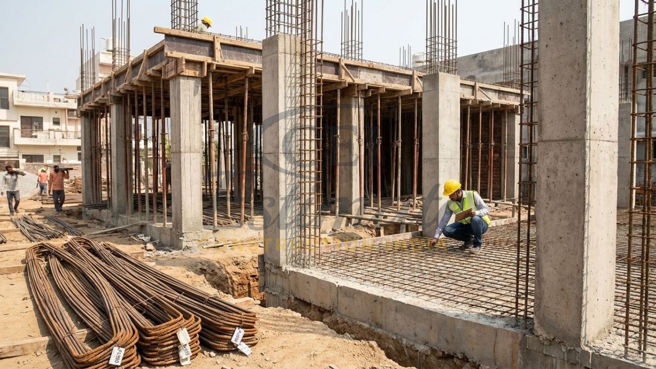 RCC framework and steel reinforcement for a G+1 duplex house construction site.
