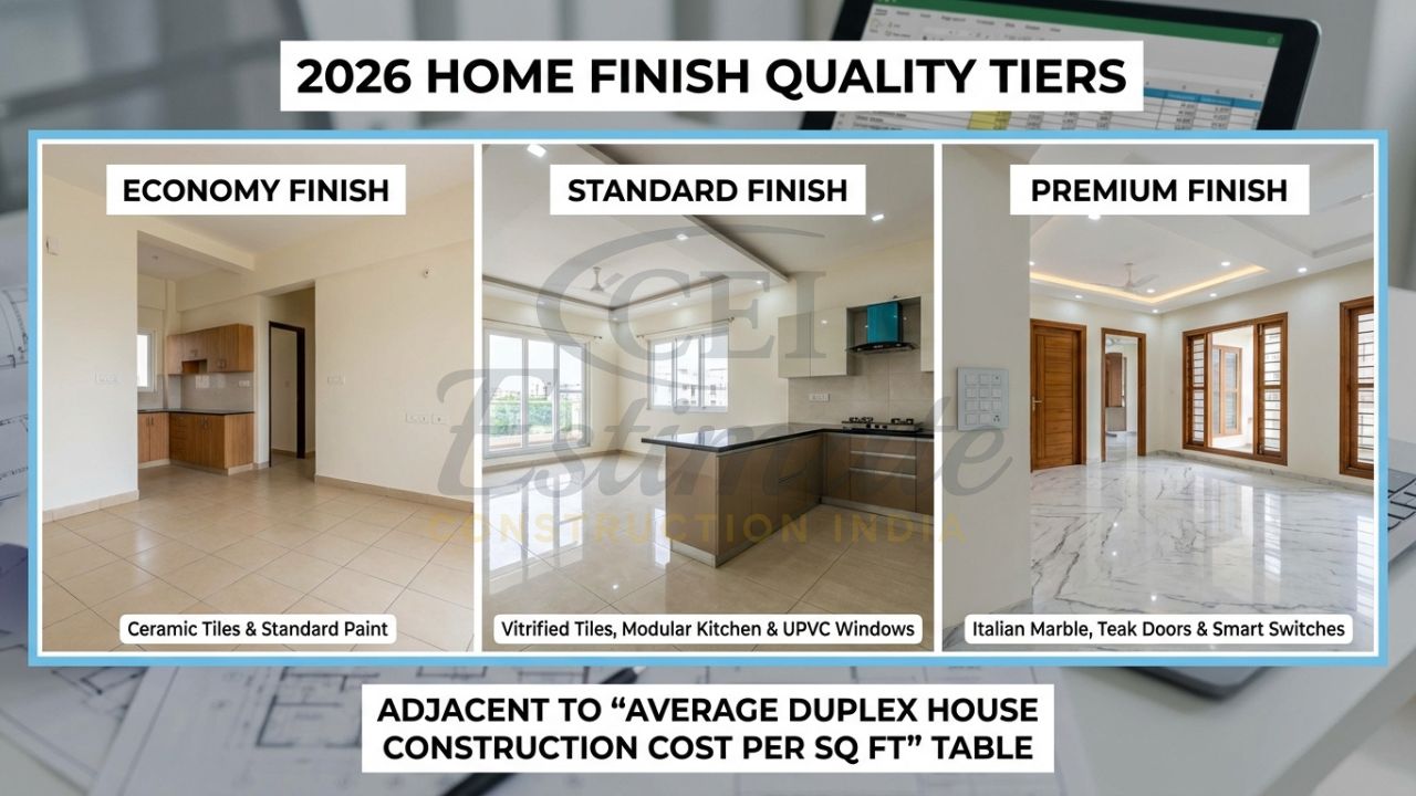 Comparison of Economy, Standard, and Premium material finishes for Indian duplex houses.