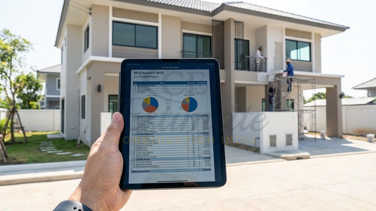 Professional G+1 duplex construction cost estimate and BOQ on a digital tablet.