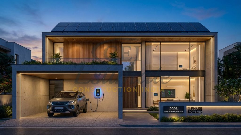 Modern energy-efficient Indian house in 2026 featuring rooftop solar panels and home EV charging station.