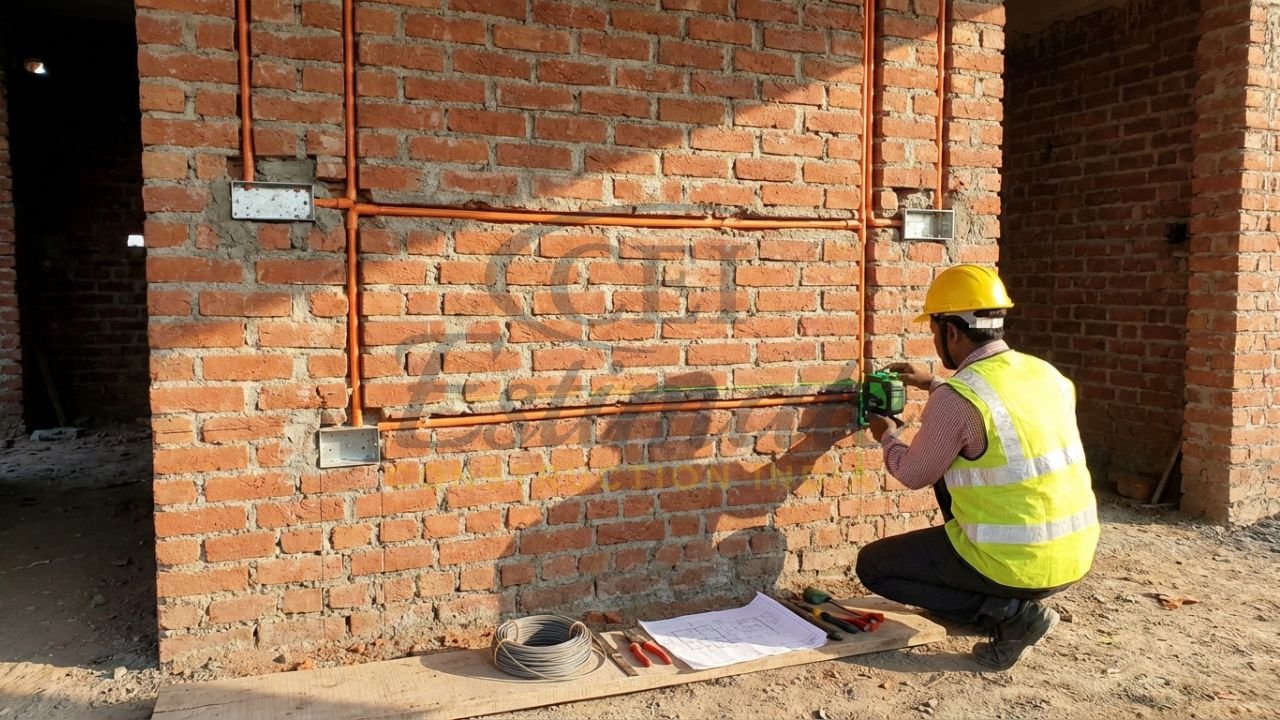 Concealed electrical conduit installation in a brick wall during the construction phase.