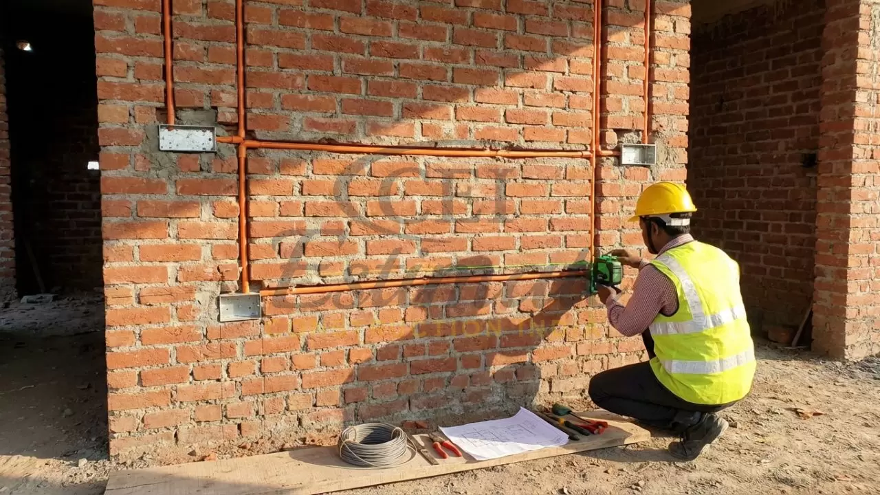 Concealed electrical conduit installation in a brick wall during the construction phase.