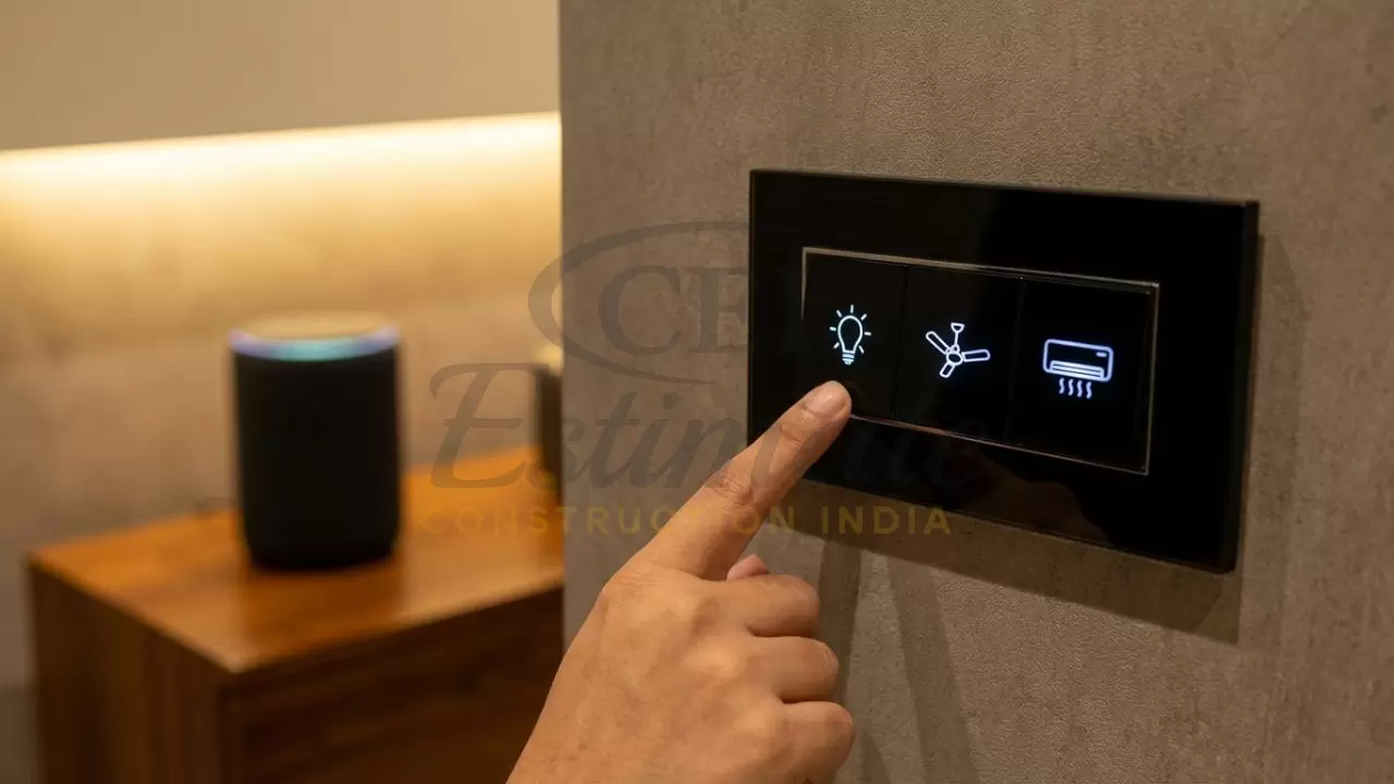 Smart modular touch switches and voice assistant integration in a modern Indian living room.